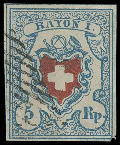 Schweizerische Bundespost
Europa
1851, Rayon I: 5 Rappen hellblau mit Spuren d...