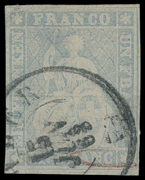 Schweizerische Bundespost
Europa
1863, 1 Franken Strubel auf Seidenpapier, sau...