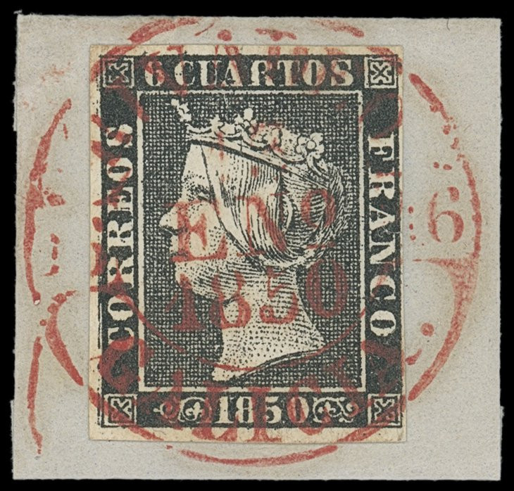 Spanien (España)
Europa
1850, 6 Cuartos Königin Isabella II. schwarz, sehr far...