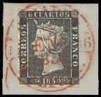 Spanien (España)
Europa
1850, 6 Cuartos Königin Isabella II. schwarz, sehr farbfrisch und allseits deutlich voll- bis breitrandig geschnitten, mit s...