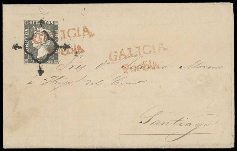 Spanien (España)
Europa
1850, 6 Cuartos Königin Isabella II. schwarz, allseits...