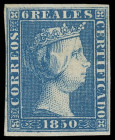 Spanien (España)
Europa
1850, 6 Reales Königin Isabella II. blau, allseits voll- bis breitrandiges, besonders farbtiefes Kabinettstück, ungebraucht ...