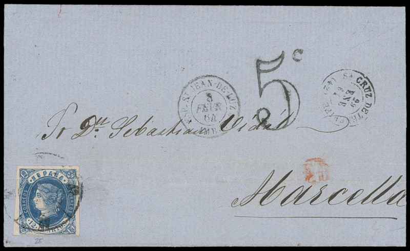 Spanien (España)
Europa
12 Cuartos blau, leichte Mängel, auf Faltbrief von "ST...