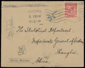 China
Übersee
1917, Portomarken 2 und 10 Cents blau, rückseitig auf mit 1 Penny rot unterfrankiertem Kuvert des "British Museum" von London, nach Sh...