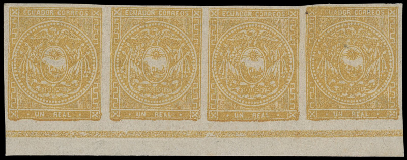 Ecuador
Übersee
1865, 1 Real Wappen gelb auf quadrilliertem Papier, allseits v...