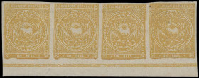 Ecuador
Übersee
1865, 1 Real Wappen gelb auf quadrilliertem Papier, allseits voll- bis breitrandiger waagerechter Unterrandviererstreifen (Positione...