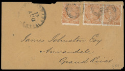 Prinz Edward Island
Britisch Commonwealth
1 Cent braunorange, drei farbfrische Exemplare, davon eines mit senkrechter Doppelzähnung, auf Briefkuvert...