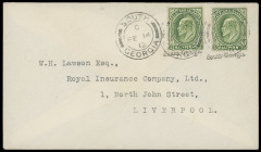 Süd-Georgien
Britisch Commonwealth
1912, zwei Werte "Half Penny gelbgrün König Georg V" und jeweils darunter gedrucktem schwarzem Langstempel "South...