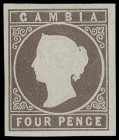 Gambia
Britisch Commonwealth
1869, 4 Pence Königin Victoria braun, allseits voll- bis breitrandige, farbfrische Marke, ungebraucht mit Originalgummi...
