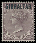 Gibraltar
Britisch Commonwealth
1886, 2 Pence lilabraun mit Aufdruck GIBRALTAR, sehr gut zentriertes, farbfrisches Stück in ungebrauchter, fast post...