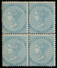 Jamaika
Britisch Commonwealth
1860, One Penny Königin Victoria hellblau mit Wasserzeichen Ananas, ungebrauchter Viererblock mit großen Teilen der Or...