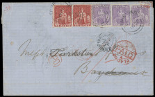 Trinidad und Tobago
Britisch Commonwealth
1872, "4 d Britannia violett" im waagerechten Dreierstreifen zusammen mit zwei Einzelwerten "(1 d) Britann...
