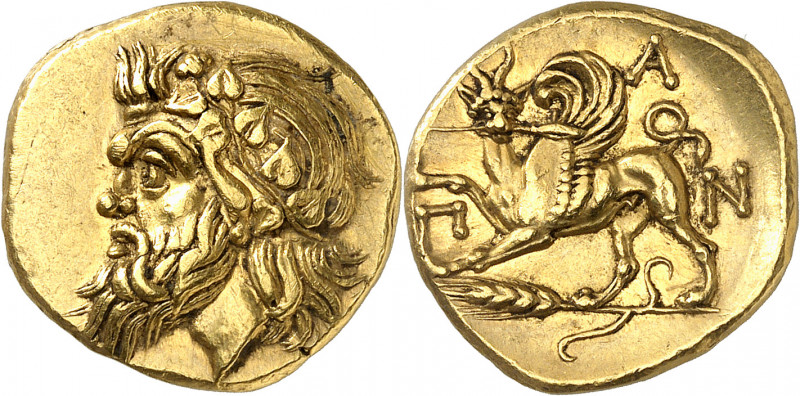 Chersonèse, Panticapée. Statère d’or vers 340-325 av. J.-C., Panticapée.
Av. Tê...