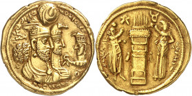 Empire sassanide, Bahram II (276-293). Dinar Or ND (après 283).
Av. Légende en pehlavi. Bustes accolés à droite du Roi, cuirassé et couronné, et de l...