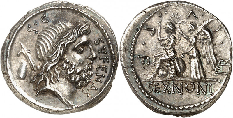 Nonia, Marcus Nonius Sufenas. Denier 59 av. J.-C., Rome.
Av. S. C - SVFENAS. Tê...