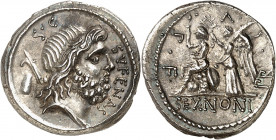 Nonia, Marcus Nonius Sufenas. Denier 59 av. J.-C., Rome.
Av. S. C - SVFENAS. Tête barbue de Saturne à droite ; derrière, tête de harpon et pierre con...