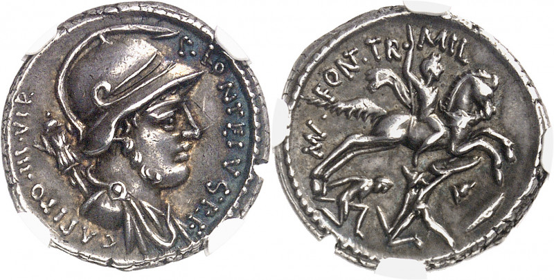 Fonteia, P. Fonteius Capito. Denier 55 av. J.-C., Rome.
Av. P FONTEIVS P F CAPI...