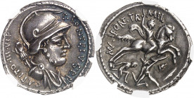 Fonteia, P. Fonteius Capito. Denier 55 av. J.-C., Rome.
Av. P FONTEIVS P F CAPITO III VIR, Buste casqué de Mars à droite, un trophée derrière l’épaul...