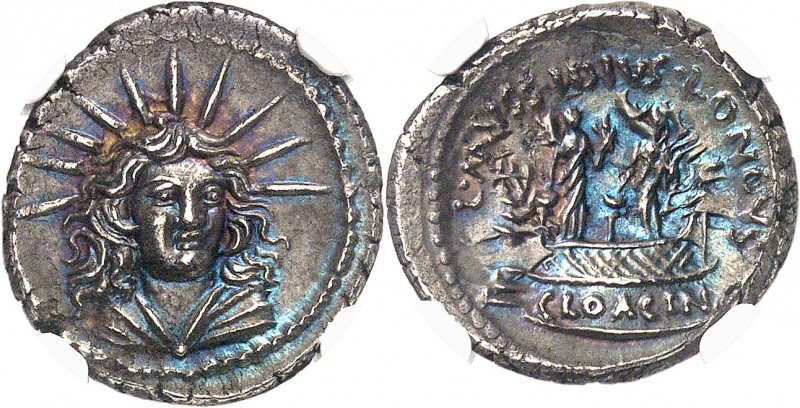 Mussidia, L. Mussidius Longus. Denier 42 av. J.-C., Rome.
Av. Buste radié et dr...