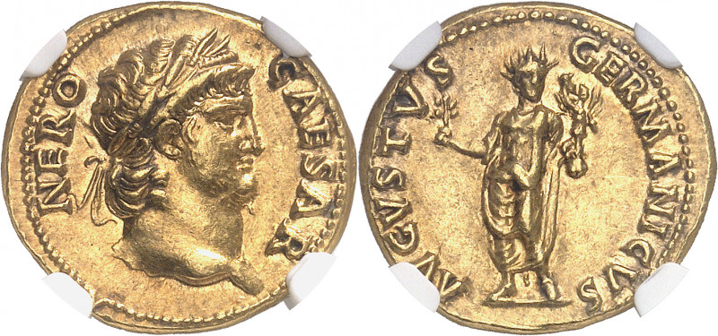 Néron (54-68). Aureus 64-65, Rome.
Av. NERO CAESAR. Tête laurée à droite. Rv. A...