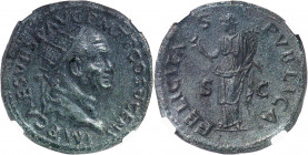 Vespasien (69-79). Dupondius 73, Rome.
Av. IMP CAES VESP AVG P M T P COS V CENS. Buste à droite, la tête radiée, de Vespasien. Rv. FELICITAS PVBLICA....