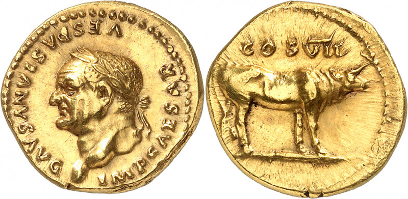 Vespasien (69-79). Aureus 76, Rome.
Av. IMP CAESAR VESPASIANVS AVG. Buste lauré...