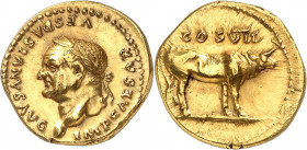 Vespasien (69-79). Aureus 76, Rome.
Av. IMP CAESAR VESPASIANVS AVG. Buste lauré à gauche. Rv. COS VII. Vache à droite.
Calicó 621 - RIC.842 ; Or - 7...