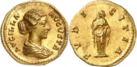 Lucille, femme de Lucius Verus (161-169). Aureus ND (c.165), Rome.
Av. LVCILLA AVGVSTA. Buste à droite. Rv. PVDICITIA. Pudicitia, vêtue d'un chiton l...