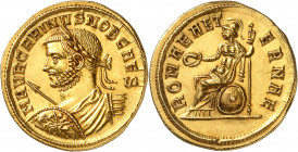 Carin (282-285). Aureus 282-283, Siscia.
Av. M AVR CARINVS NOB CAES. Buste lauré, drapé et cuirassé à gauche, tenant la lance pointée et le bouclier....
