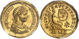Valentinien II (375-392). Solidus ND (378-383), 6e officine, Antioche.
Av. DN VALENTINIANVS IVN PF AVG. Buste diadémé à droite. Rv. VICTORIA AVGVSTOR...