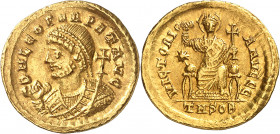 Léon Ier (457-474). Solidus 462-466, Thessalonique.
Av. DN LEO PERPET AVG. Buste consulaire à gauche, diadémé, tenant la mappa et une longue croix. R...
