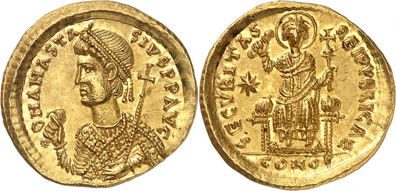 Anastase Ier (491-518). Solidus d'accession au consulat 507, Constantinople.
Av...