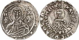 Jean V Paléologue (1341-1391). Stavraton ou demi-hyperpyron ND (c.1367-1376), Constantinople.
Av. IC - XCI. Buste du Christ pantocrator nimbé de face...