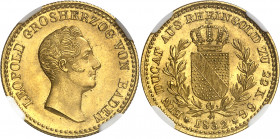 Bade, Léopold Ier (1830-1852). Ducat 1832.
Av. LEOPOLD GROSHERZOG VON BADEN. Tête nue à droite. Rv. EIN DUCAT AUS RHEINGOLD ZU 22 K 6 G (date). Écu c...