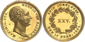 Bavière, Maximilien I (IV) Joseph (1799-1806-1825). Médaillette Or (ou quinaire), pour son jubilé 1824, Munich.
Av. MAXIMIL. IOS. KOENIG VON BAYERN. ...