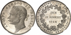 Nassau (duché de), Adolphe (1839-1866). Thaler commémoratif des 25 ans de règne 1864.
Av. ADOLPH HERZOG ZU NASSAU. Tête laurée à gauche, signature F....