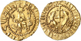 Levon II (1187-1219). Tram en or ND (après 1199).
Av. Le roi, tenant une fleur de lis de la main gauche et une croix de la main droite, assis de face...