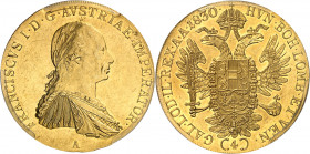 François Ier (1792-1835). 4 ducats 1830, A, Vienne.
Av. FRANCISCVS I. D. G. AVSTRIAE IMPERATOR. Buste lauré, drapé et cuirassé, à droite ; au-dessous...