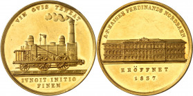 Ferdinand Ier (1835-1848). Médaille d’Or pour l’inauguration du Chemin de fer du Nord 1837, Vienne.
Av. VIM QVIS TENEAT. Locomotive à vapeur à droite...