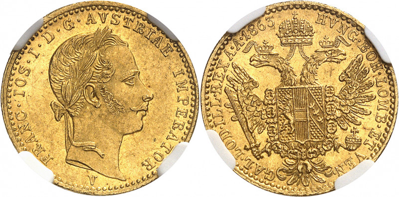 François-Joseph Ier (1848-1916). Ducat 1863, V, Vienne.
Av. FRANC. IOS. I. D. G...