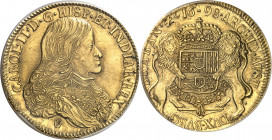 Brabant (duché de), Charles II (1665-1700). 8 souverains 1698, Anvers.
Av. CAROL. II. D. G. HISP. ET. INDIAR. REX. Buste cuirassé à droite, les cheve...