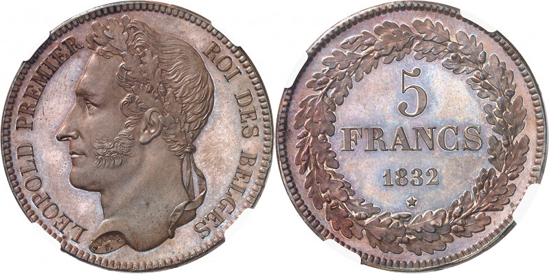 Léopold Ier (1831-1865). Essai de 5 francs, Flan bruni (PROOF) 1832, Bruxelles....