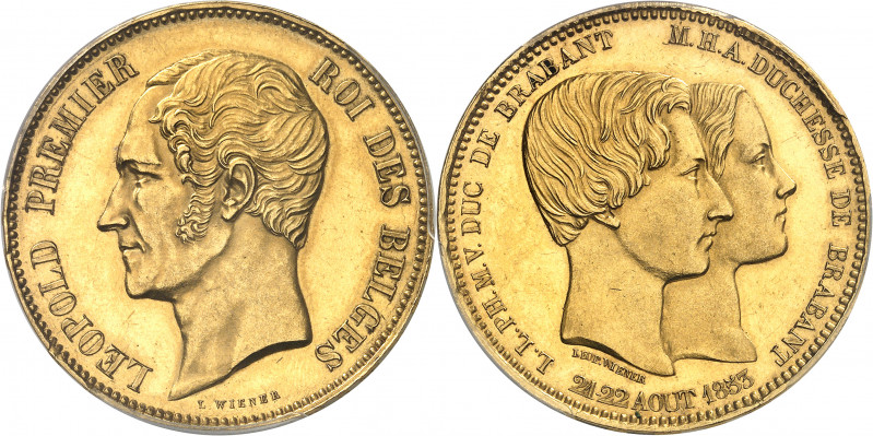 Léopold Ier (1831-1865). Module de 100 francs en Or, Flan bruni (PROOF), mariage...