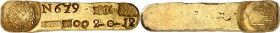 Jean VI (1799-1826). Lingot d’or de 2 onces et 12 grains 1816, Sabara.
Av. Barre rectangulaire portant les armoiries couronnées et inscriptions SABAR...