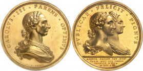 Charles III (1759-1788). Médaille d’Or, mariage de Carlos, prince des Asturies, avec María Luisa de Parme 1765, Madrid.
Av. CAROLVS. III. PARENS. OPT...