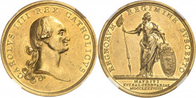 Charles IV (1788-1808). Médaille d’Or pour la proclamation 1789, Madrid.
Av. CAROLVS IIII REX CATHOLICVS. Buste, la tête nue, à droite ; signature SE...