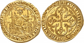 Philippe IV le Bel (1285–1314). Chaise d’or ND (22 août 1303).
Av. + PHILIPPVS: DEI: GRA: FRANCHORVM: REX. Le Roi assis sur un trône gothique, tenant...
