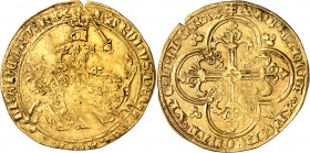 Charles V (1364-1380). Franc à cheval, variété avec croix à double traverse initiale ND (1364).
Av. KAROLVS: DEI: GRACIA: FRANCORV: REX. Le Roi à che...