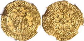 Charles VI (1380-1422). Agnel d’or ND (c.1417-1418), Poitiers.
Av. KF- RX. Agneau pascal à gauche, la tête tournée à droite, devant une croix tréflée...