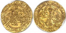 Charles VII (1422-1461). Franc à cheval ND (12 septembre 1422), Toulouse.
Av. KAROLVS° D - EI° GRACI. - FRACORV° REX. Le Roi à cheval, galopant à gau...